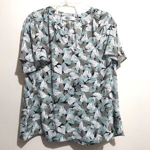 Kasper Womens PXL Flutter Short Sleeve Blouse V Neck Lightweight Leaf Print